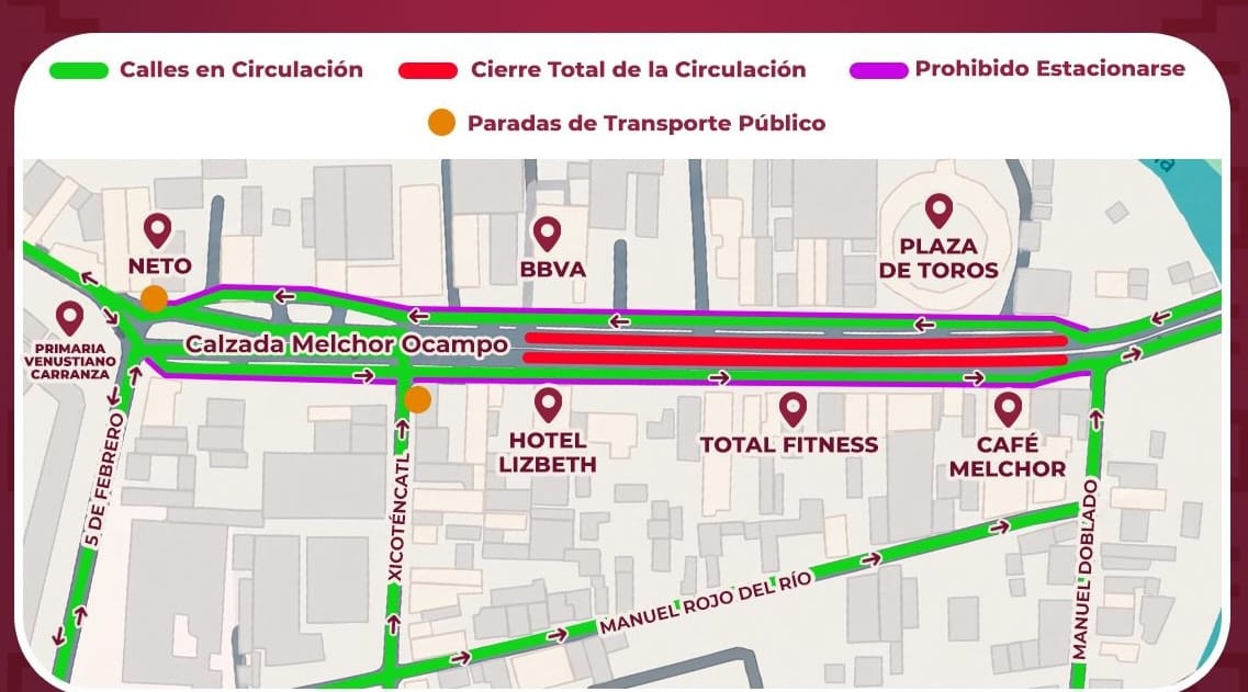 Cierran carriles centrales de la Calzada Melchor Ocampo en Tula por remodelación